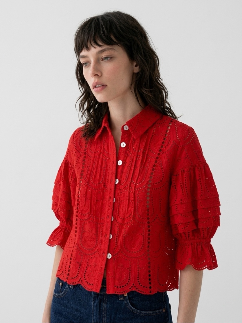 FARM Rio Red Eyelet Button-Front Puff Sleeve Blouse with Matching Red Camisole - Picture 3 of 9